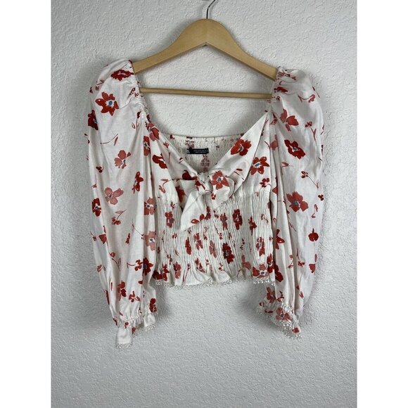 Zara Floral Linen Blend Top Womens Size Small Floral Cropped Boho Peasant‎ - Picture 1 of 10